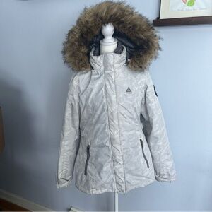 Reebok White Kids Puffer Jacket with Faux Fur Hood